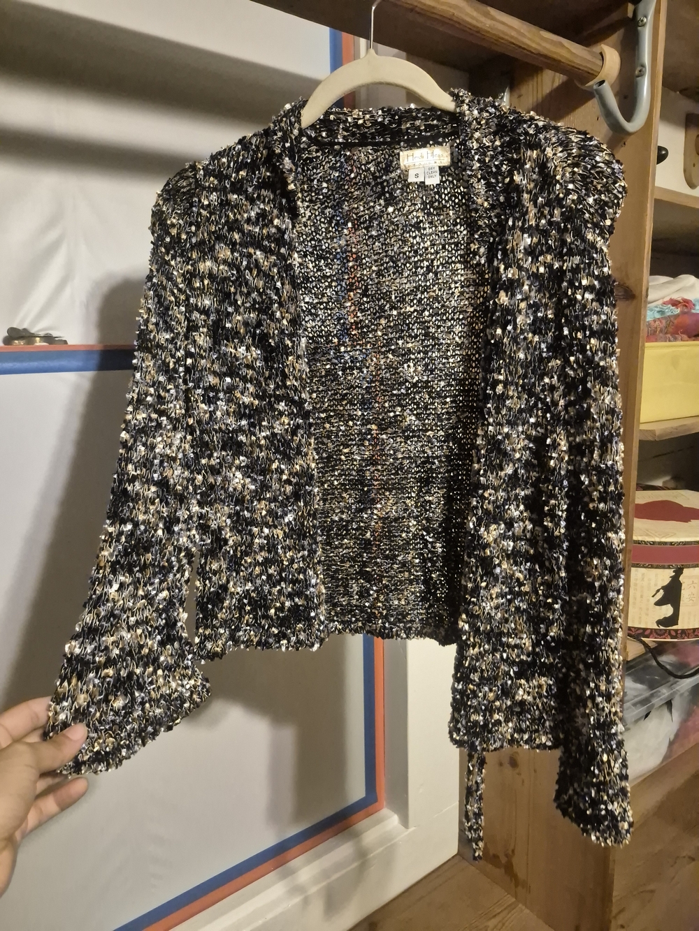 Heidi Hess Hand Woven Open-Front Cardigan in Black, Cream & Tan